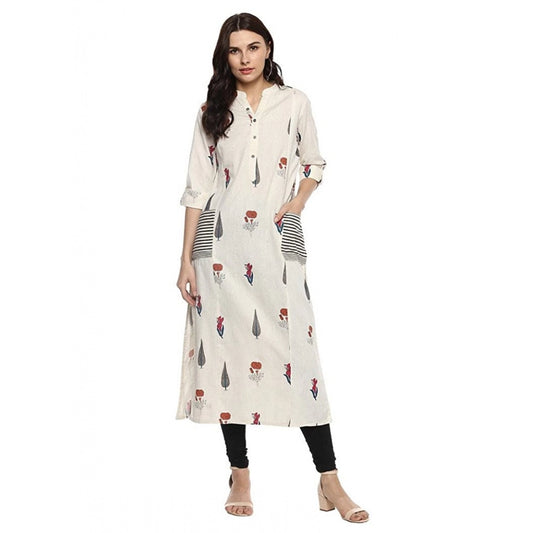 Women Khadi Printed A Line Kurti (Off White, Khadi)