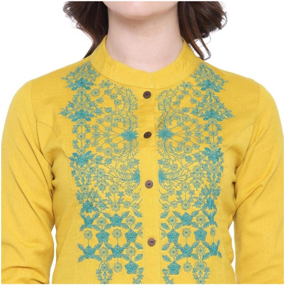 Women Khadi Embroidered Kurti (Yellow, Khadi)