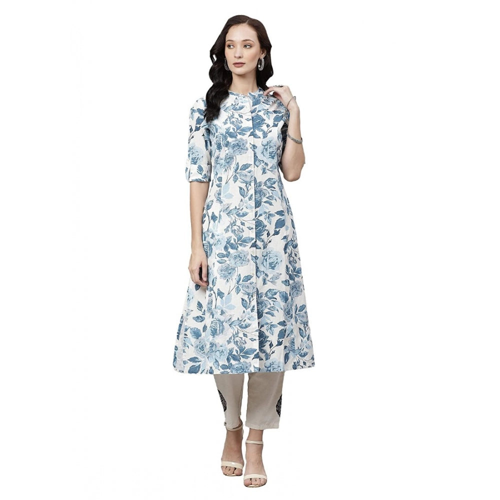 Women Cotton Printed Floral Print Kurti (White, Blue, Cotton)