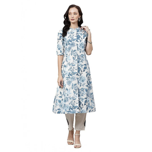 Women Cotton Printed Floral Print Kurti (White, Blue, Cotton)