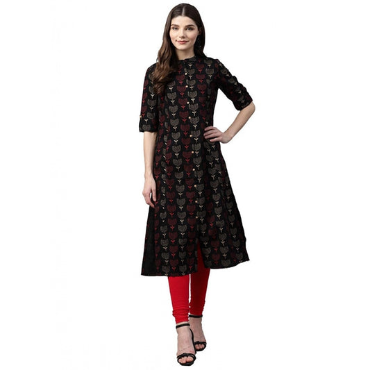Women Cotton Printed A Line Kurti (Black, Cotton)