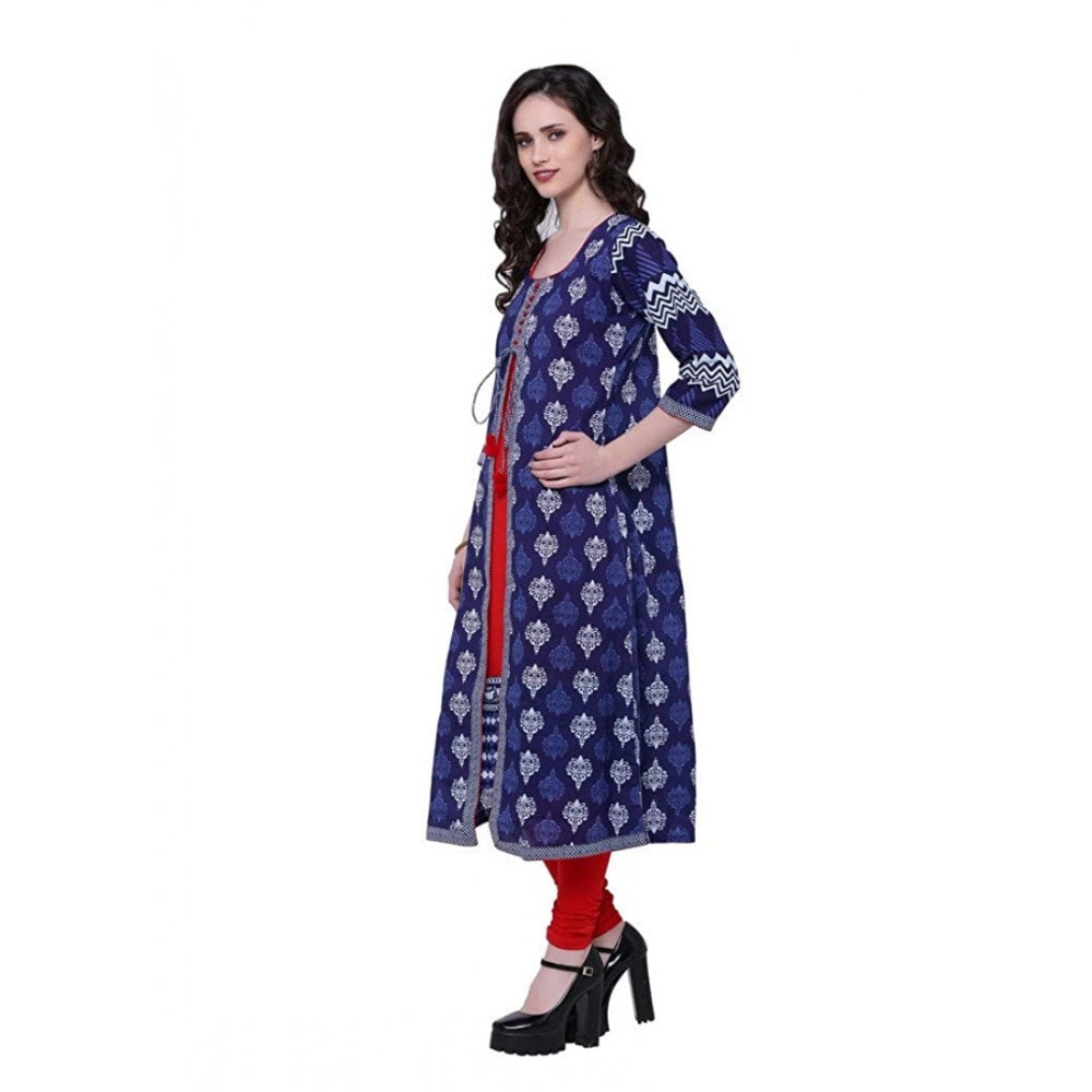 Women Cotton Printed Long Kurti (Blue, Red, Cotton)