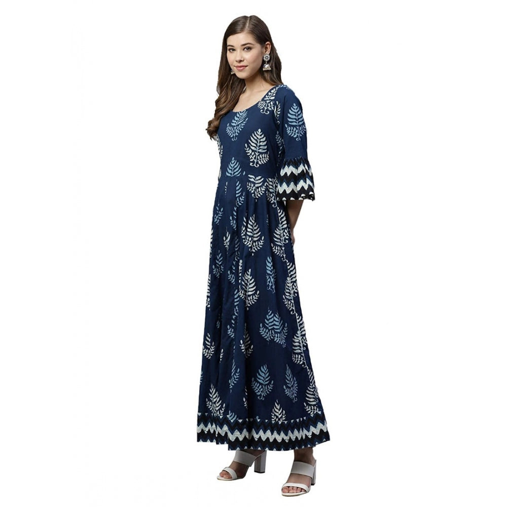 Women Cotton Printed Regular Kurti (Blue, Cotton )
