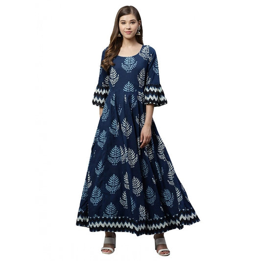 Women Cotton Printed Regular Kurti (Blue, Cotton )