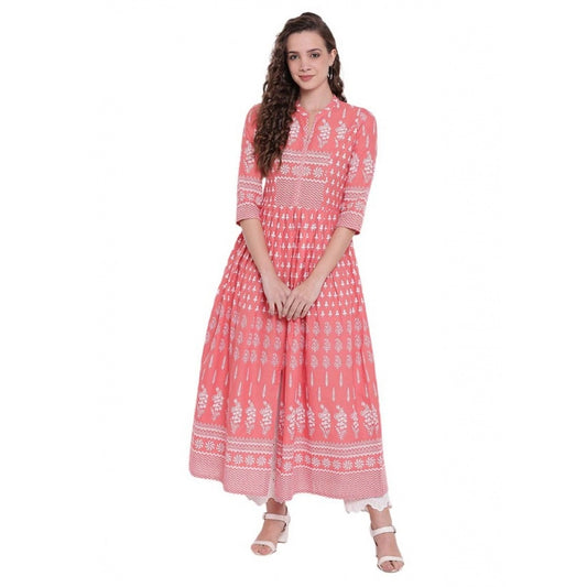 Women Cotton Printed Regular Kurti (Peach, Cotton)