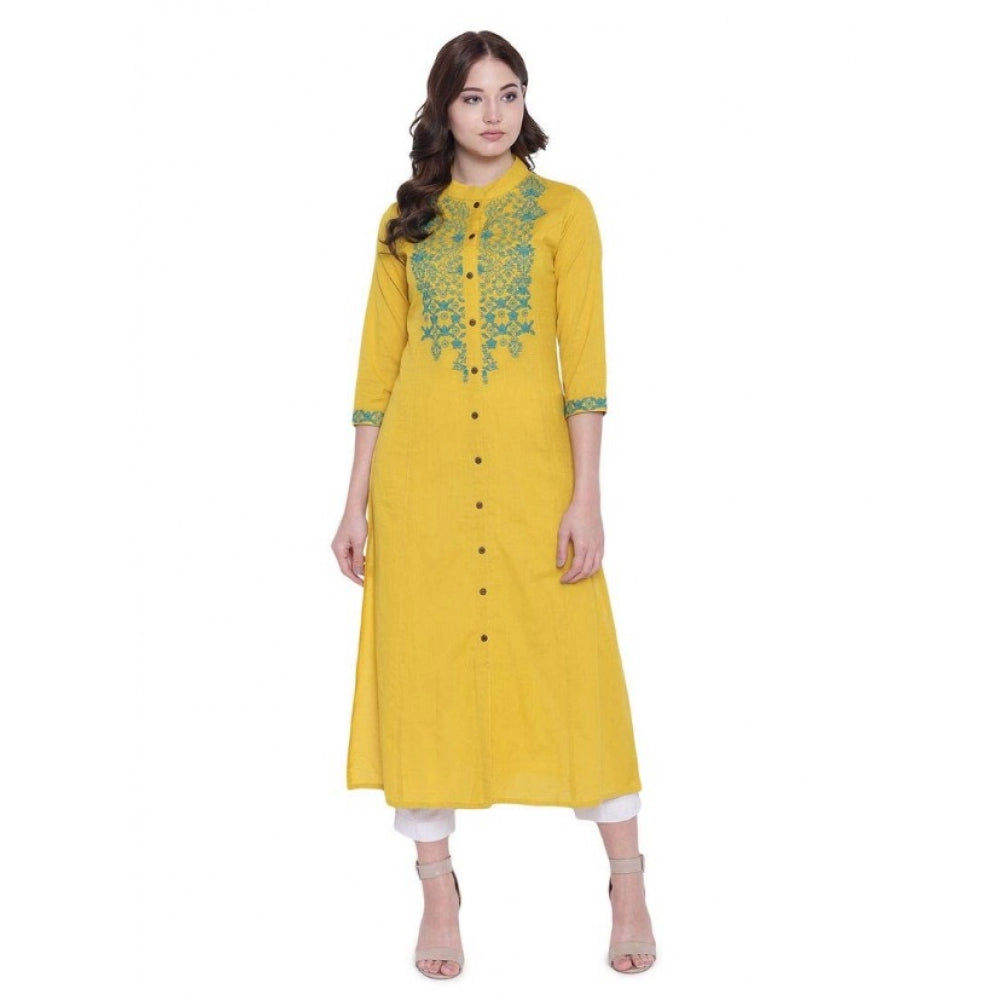 Women Khadi Embroidered Kurti (Yellow, Khadi)