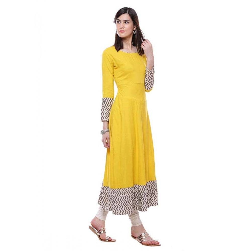 Women Rayon Printed Solid Anarkali Kurti (Yellow, Rayon)