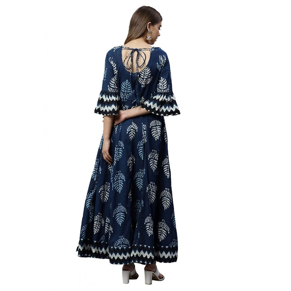 Women Cotton Printed Regular Kurti (Blue, Cotton )