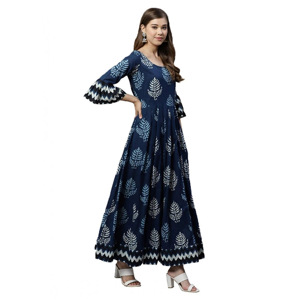 Women Cotton Printed Regular Kurti (Blue, Cotton )