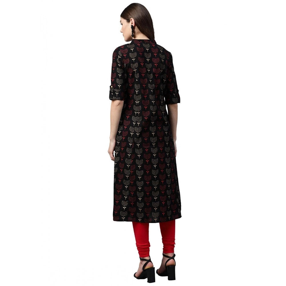 Women Cotton Printed A Line Kurti (Black, Cotton)