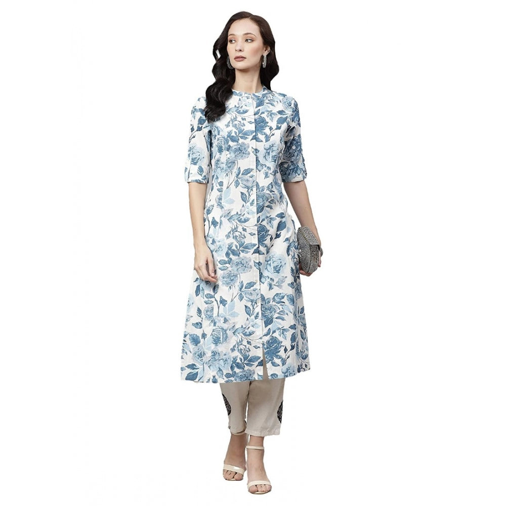 Women Cotton Printed Floral Print Kurti (White, Blue, Cotton)