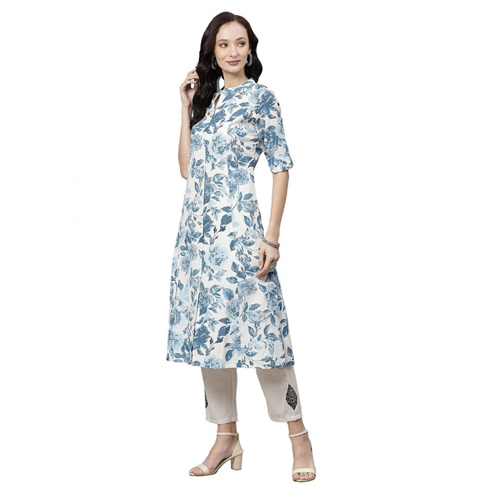 Women Cotton Printed Floral Print Kurti (White, Blue, Cotton)