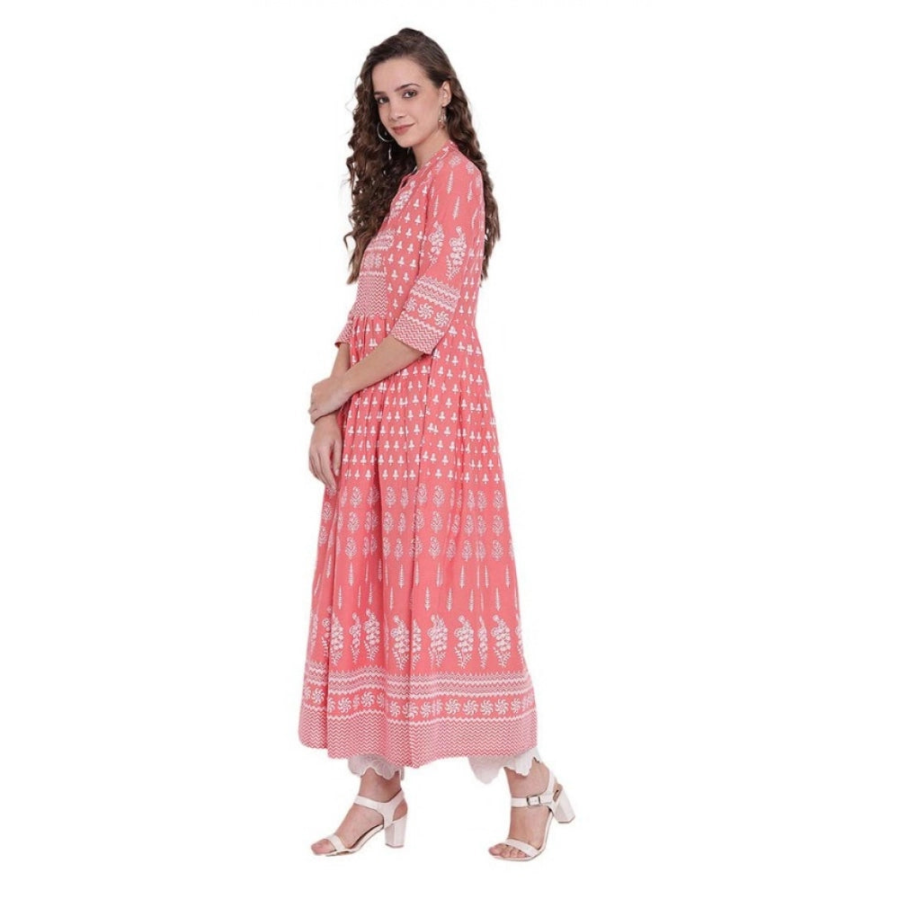 Women Cotton Printed Regular Kurti (Peach, Cotton)