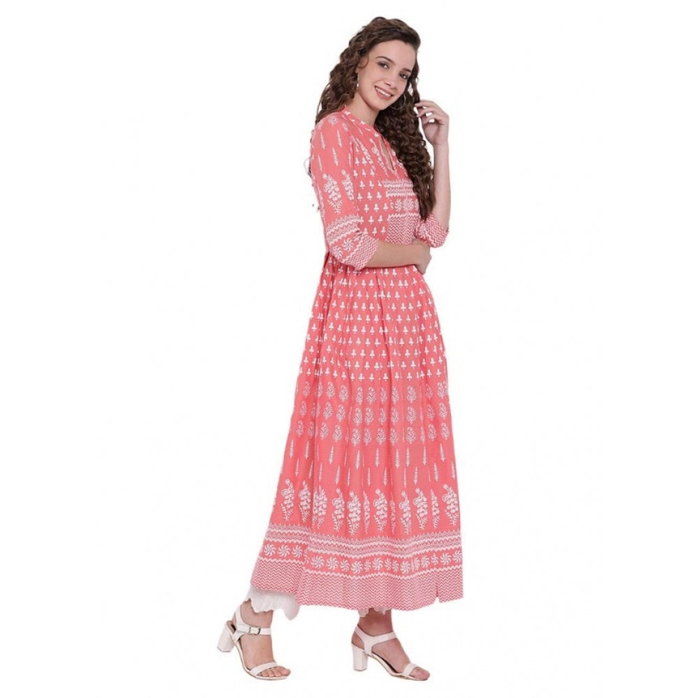 Women Cotton Printed Regular Kurti (Peach, Cotton)