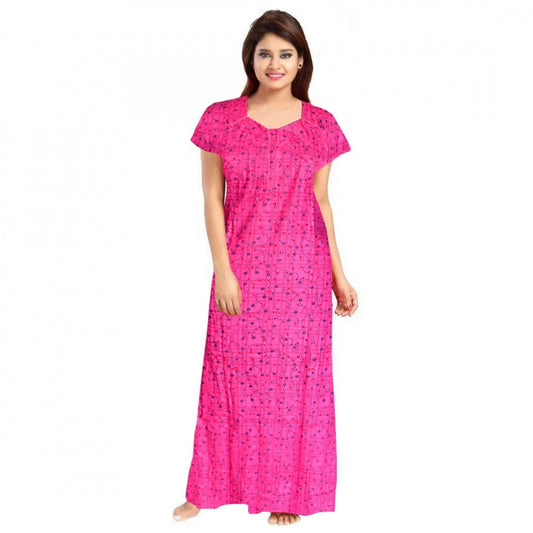 Women Cotton Printed Maxi Nighty (Pink)