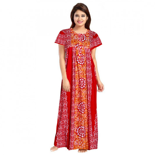 Women Cotton Printed Maxi Nighty (Red)