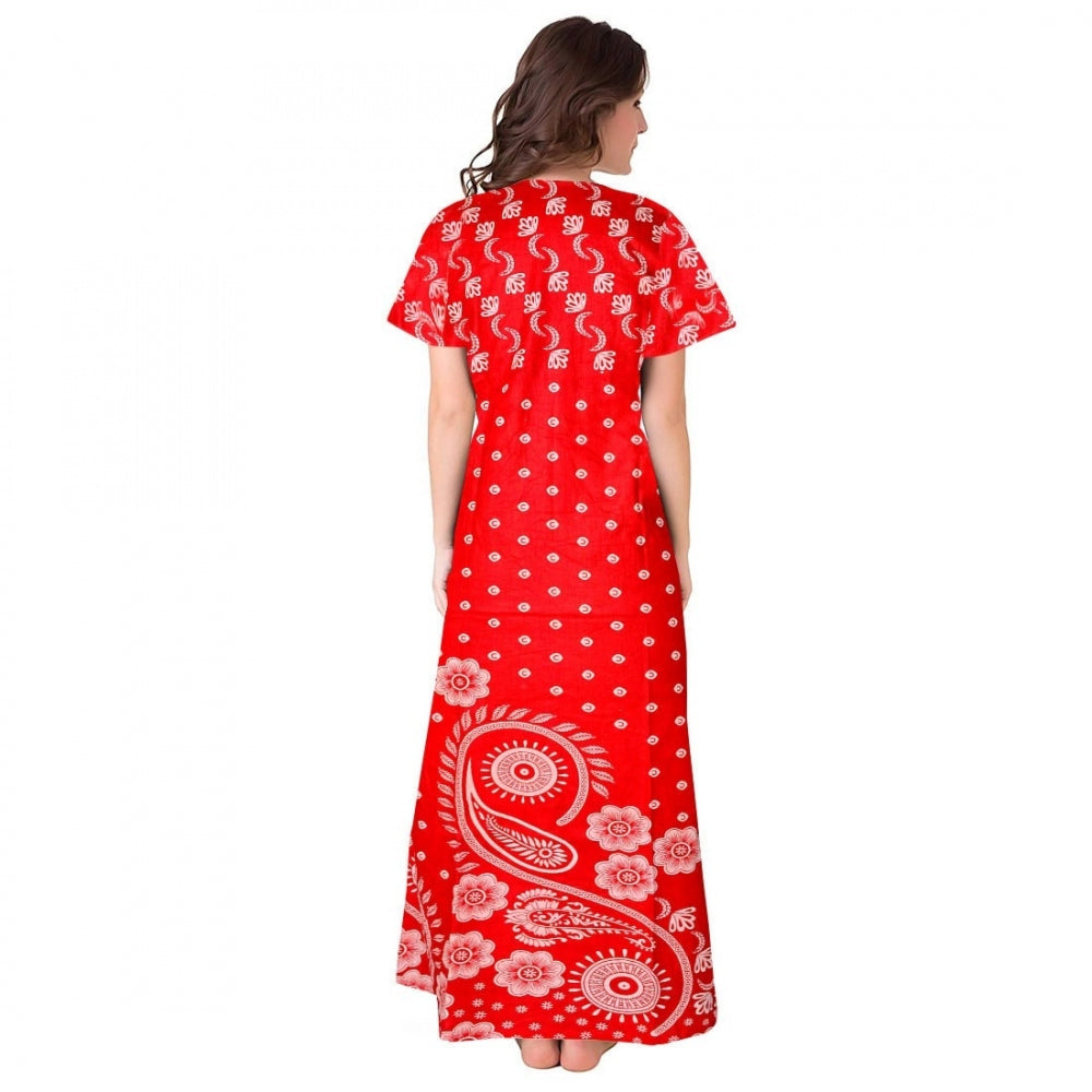 Women Cotton Printed Maxi Nighty (Red)