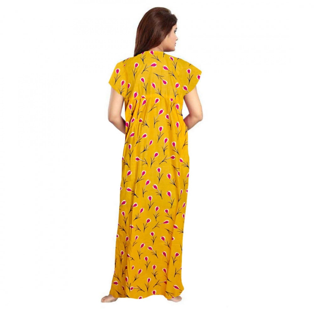 Women Cotton Printed Maxi Nighty (Yellow)