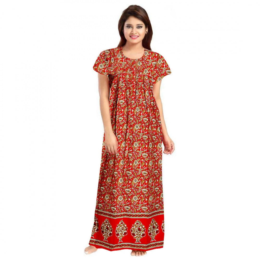 Women Cotton Printed Maxi Nighty (Red)