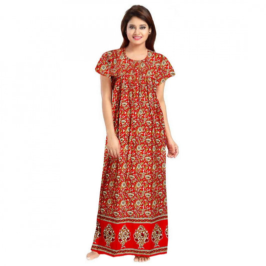 Women Cotton Printed Maxi Nighty (Red)
