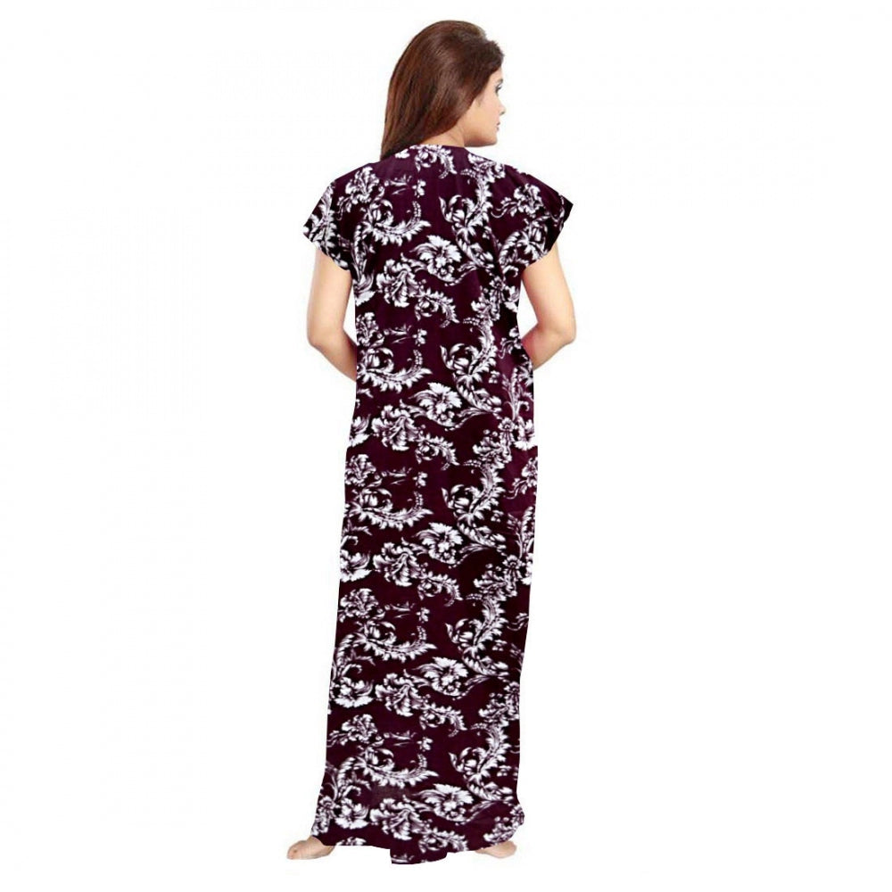 Women Cotton Printed Maxi Nighty (Wine)