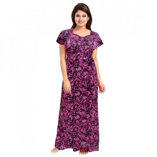 Women Cotton Printed Maxi Nighty (Wine)