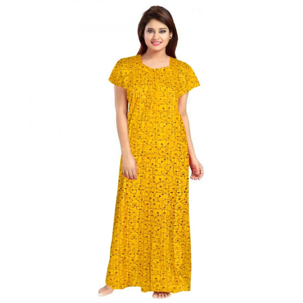 Women Cotton Printed Maxi Nighty (Yellow)