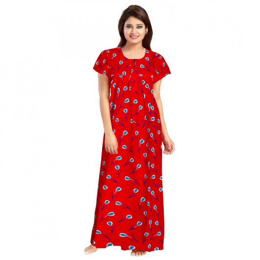 Women Cotton Printed Maxi Nighty (Red)