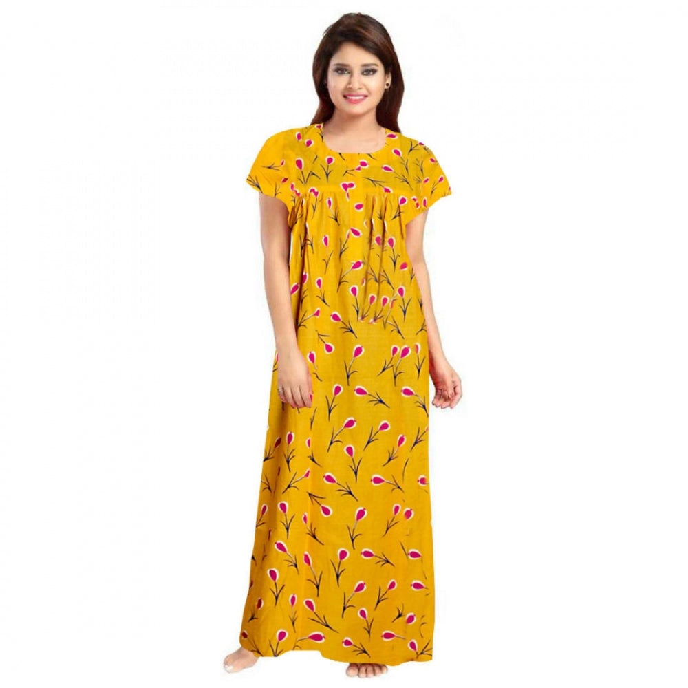 Women Cotton Printed Maxi Nighty (Yellow)