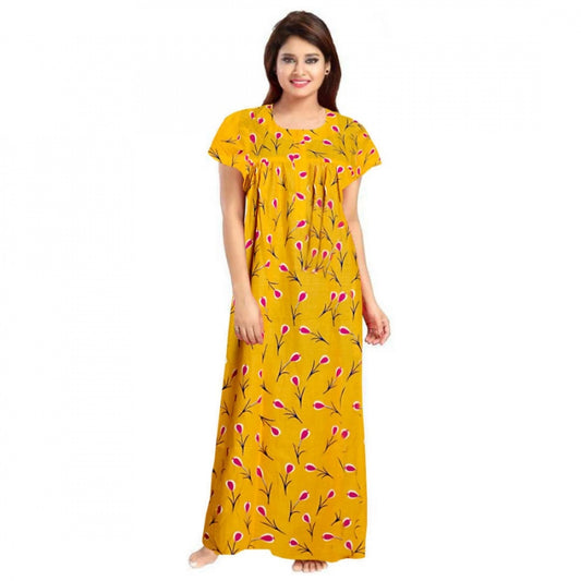 Women Cotton Printed Maxi Nighty (Yellow)