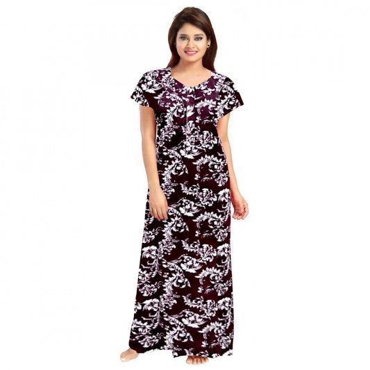 Women Cotton Printed Maxi Nighty (Wine)