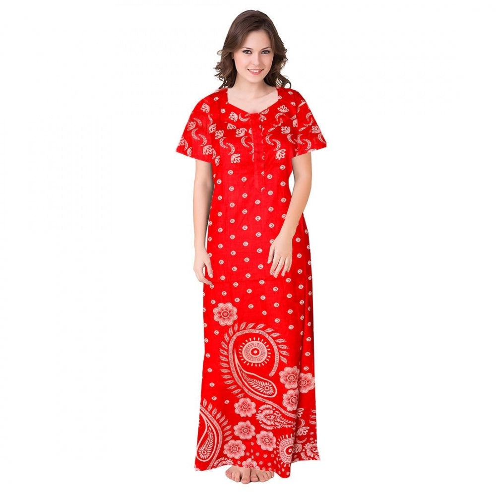 Women Cotton Printed Maxi Nighty (Red)