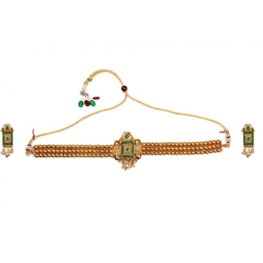 Women Elegent And Modern Gold Plated Chowker Set (Green, Free Size)