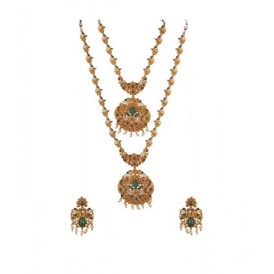 Women Elegent And Modern Double Line Temple Jewellery Set (Green, Free Size)