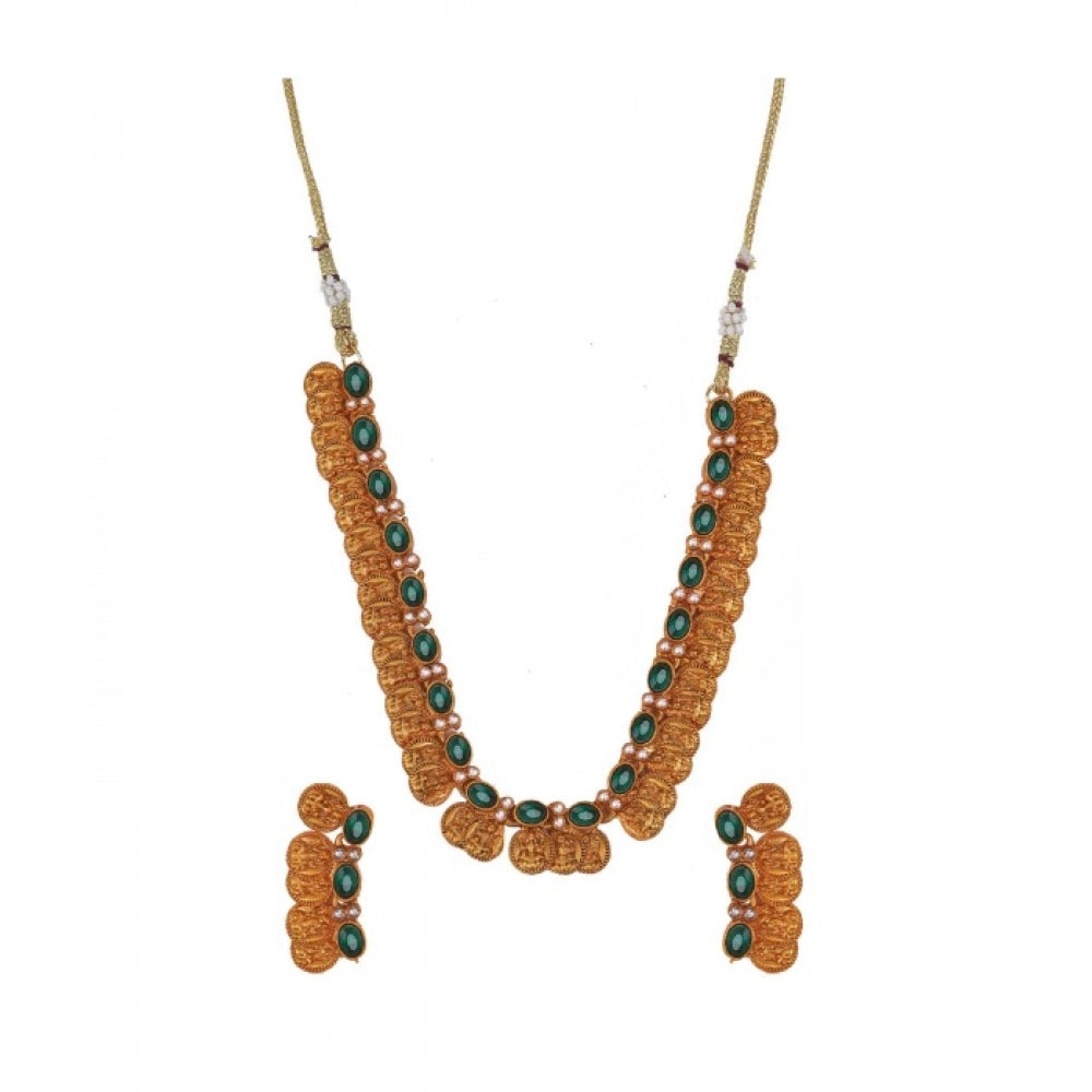 Women Elegent Laxmi Coin Shape Jewellery Chowker Set (Green, Free Size)