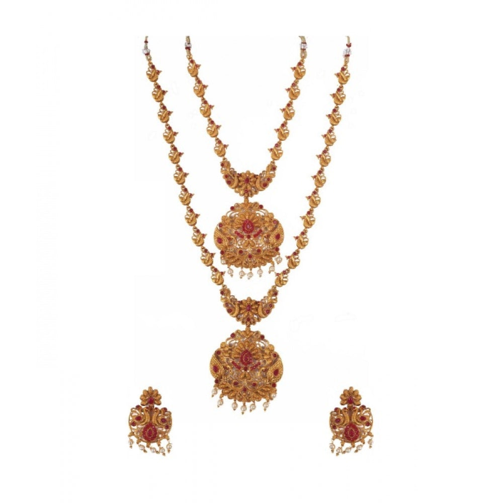 Women Elegent And Modern Double Line Temple Jewellery Set (Red, Free Size)