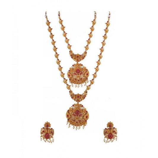 Women Elegent And Modern Double Line Temple Jewellery Set (Red, Free Size)