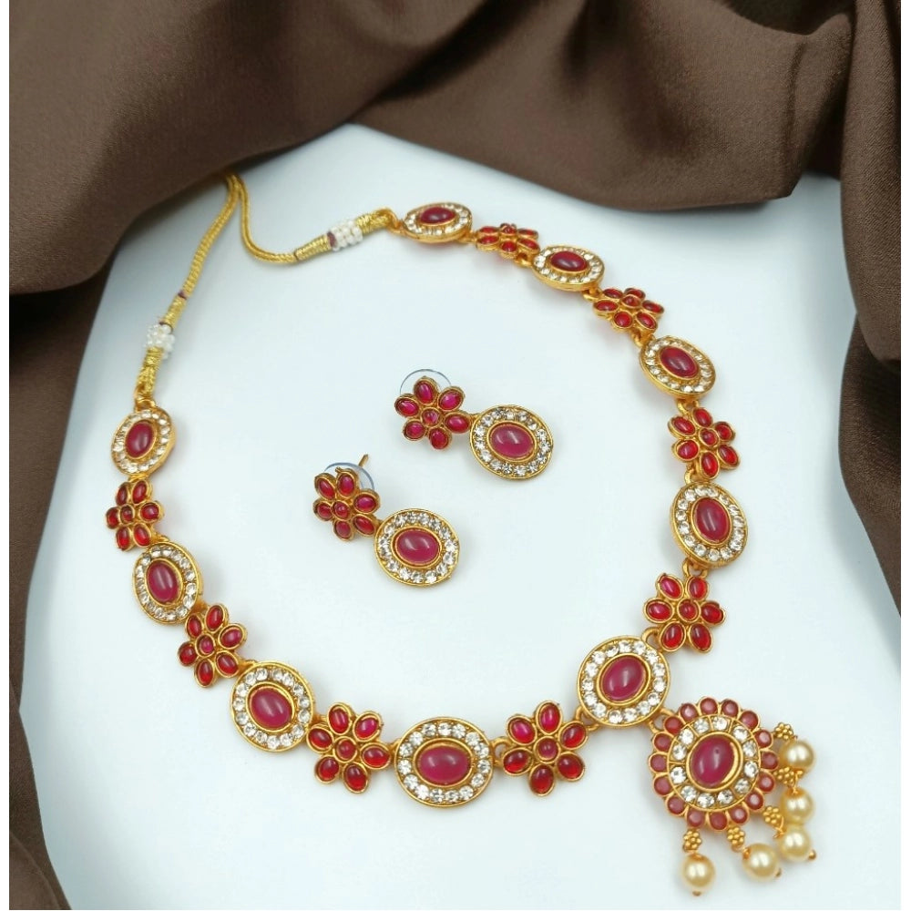 Women Gold Plated Traditional Necklace and Earrings Set (Red, Free Size)