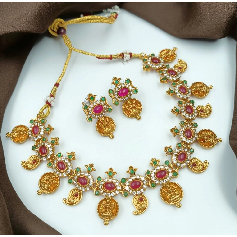 Women Gold Plated Traditional Necklace and Earrings Set (Multi Color, Free Size)