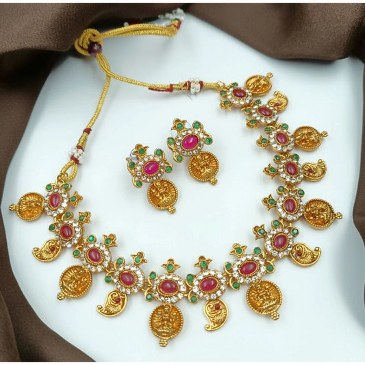 Women Gold Plated Traditional Necklace and Earrings Set (Multi Color, Free Size)