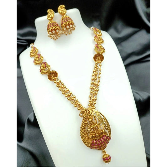 Women Gold Plated Necklace and Earrings Set with Antique Finish (Red, Free Size)