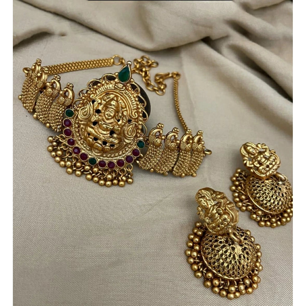Women Traditional Temple Necklace and Earrings Set in Gold (Multi Color, Free Size)