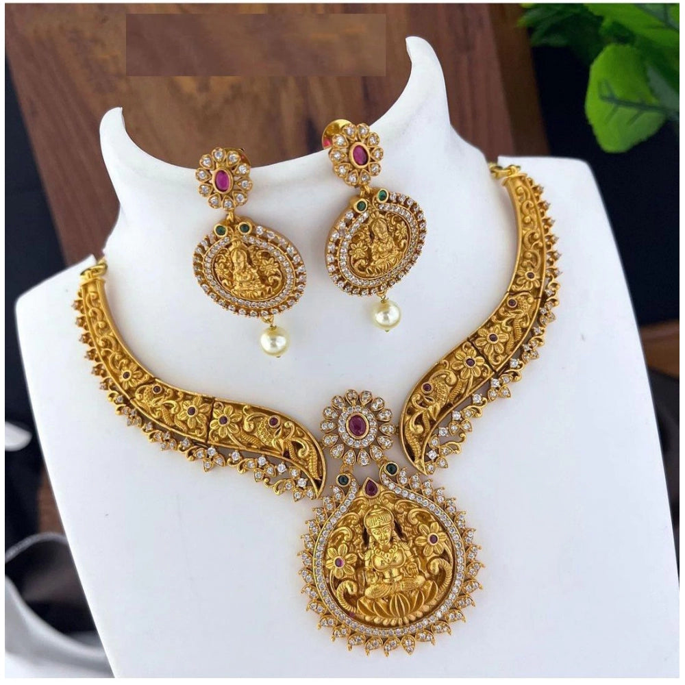 Women Gold Plated Necklace and Earrings Set with Kundan Work (Multi Color, Free Size)