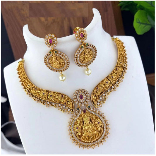 Women Gold Plated Necklace and Earrings Set with Kundan Work (Multi Color, Free Size)