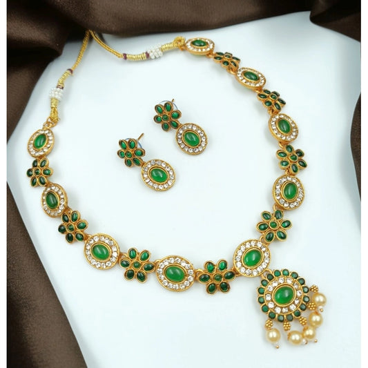 Women Temple Elegance Gold Plated Necklace and Earrings Set (Green, Free Size)