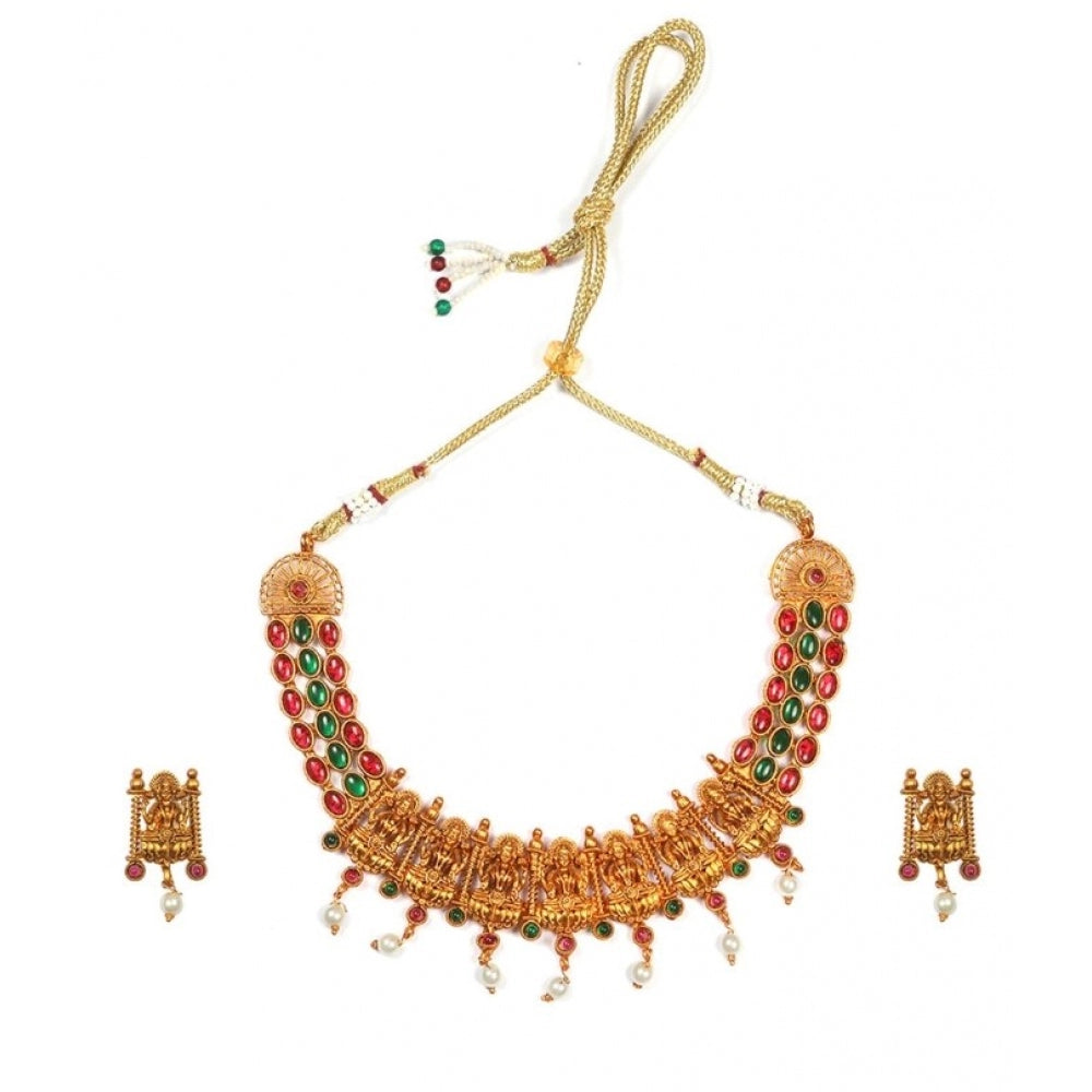 Women Temple Necklace and Earrings Set in Gold Plating (Multi Color, Free Size)