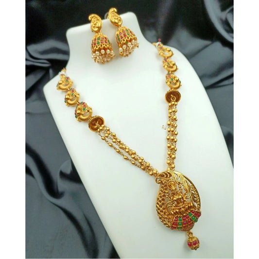 Women Traditional Temple Necklace and Earrings Set in Gold (Multi Color, Free Size)