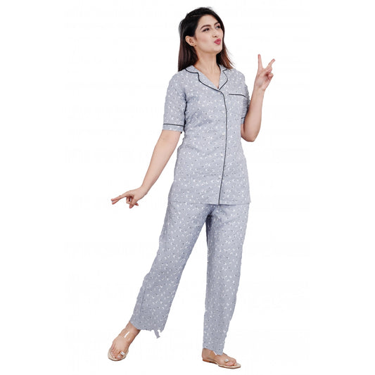 Women Casual Half Sleeve Printed Viscose Rayon Shirt With Pyjama Pant Night Suit Set (Grey)