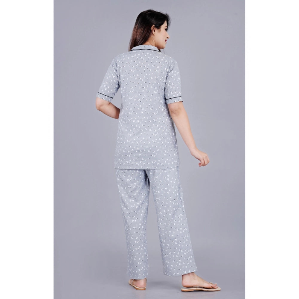Women Casual Half Sleeve Printed Viscose Rayon Shirt With Pyjama Pant Night Suit Set (Grey)