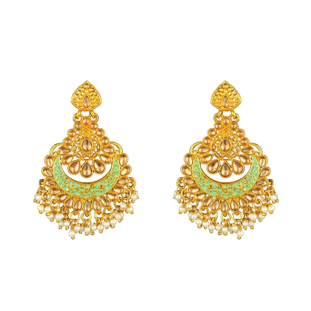 Women Rose Gold Plated Alloy Kundan Earrings &amp; Mangtikka (Green)